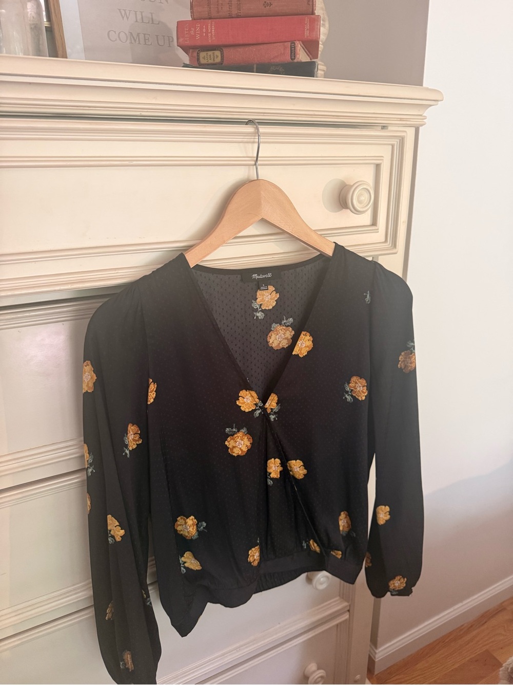 Madewell Black V-Neck Blouse with Yellow Rose Print